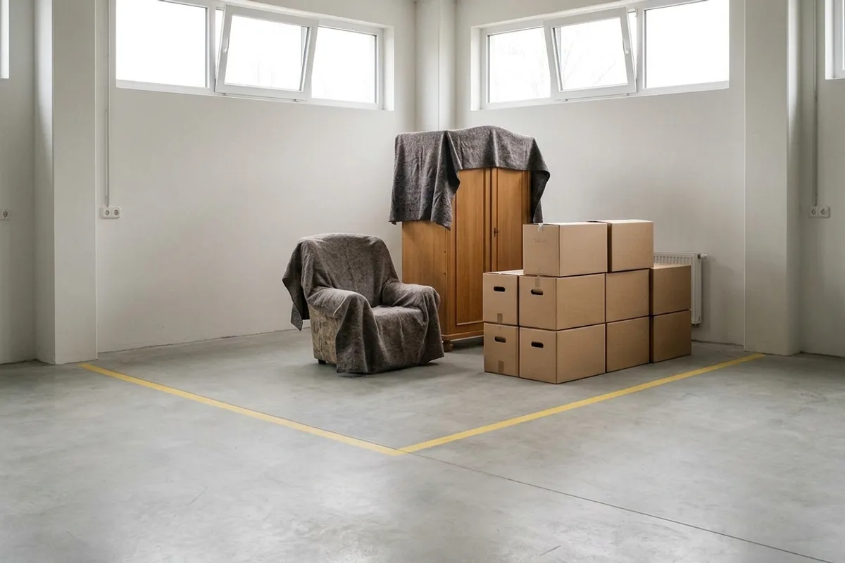 Ein eingepackter Sessel, ein Schrank und ein Stapel Kartons stehen allein in einer leeren Halle, ihr Platz ist gelb auf den Boden gemalt