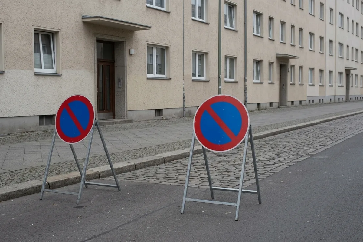 Zwei mobile Halteverbotsschilder auf Klappständern am Bordstein einer leeren Wohnstraße