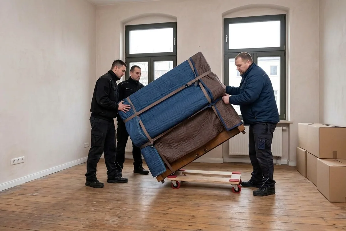 Drei Umzugshelfer kippen ein rundum gepolstertes Klavier auf ein niedriges Rollbrett