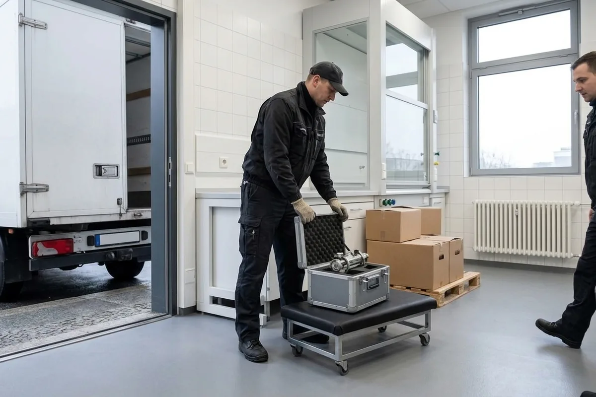 Umzugshelfer setzt einen Alukoffer mit Schaumstoffeinlage und einem Messgerät auf einen gepolsterten Rollwagen in einem hellen Laborraum