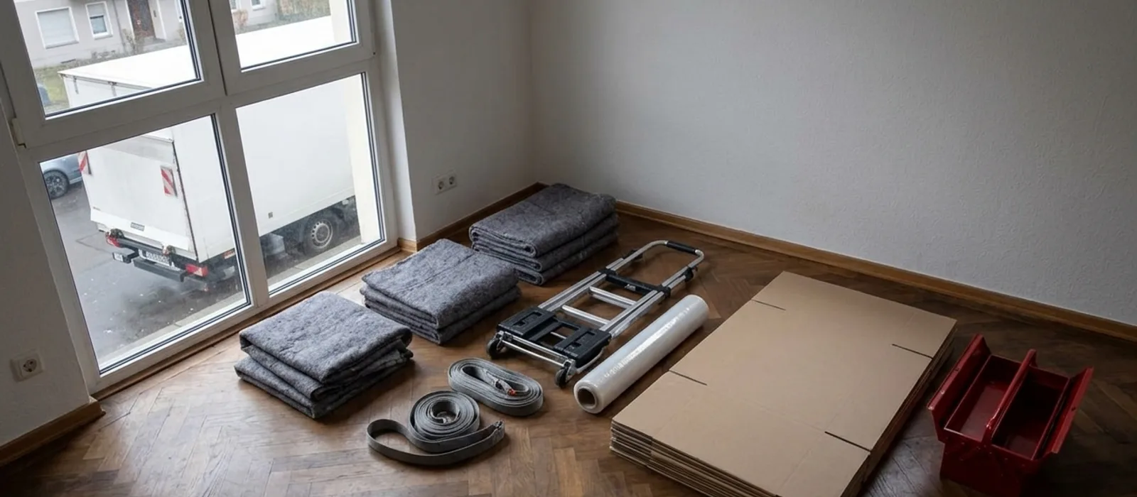 Umzugsausrüstung auf dem Parkett eines leeren Zimmers: gestapelte Decken, eine zusammengeklappte Sackkarre, Gurte, eine Rolle Stretchfolie, flach gelegte Kartons und ein roter Werkzeugkasten