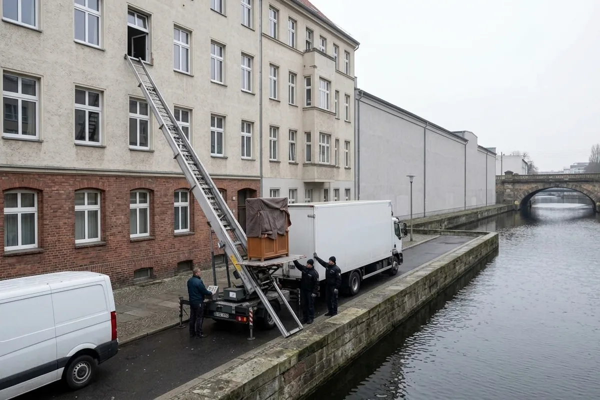 Möbellift mit Leiterschiene bis zu einem Fenster im vierten Obergeschoss, daneben steht der Umzugswagen längs am Bordstein
