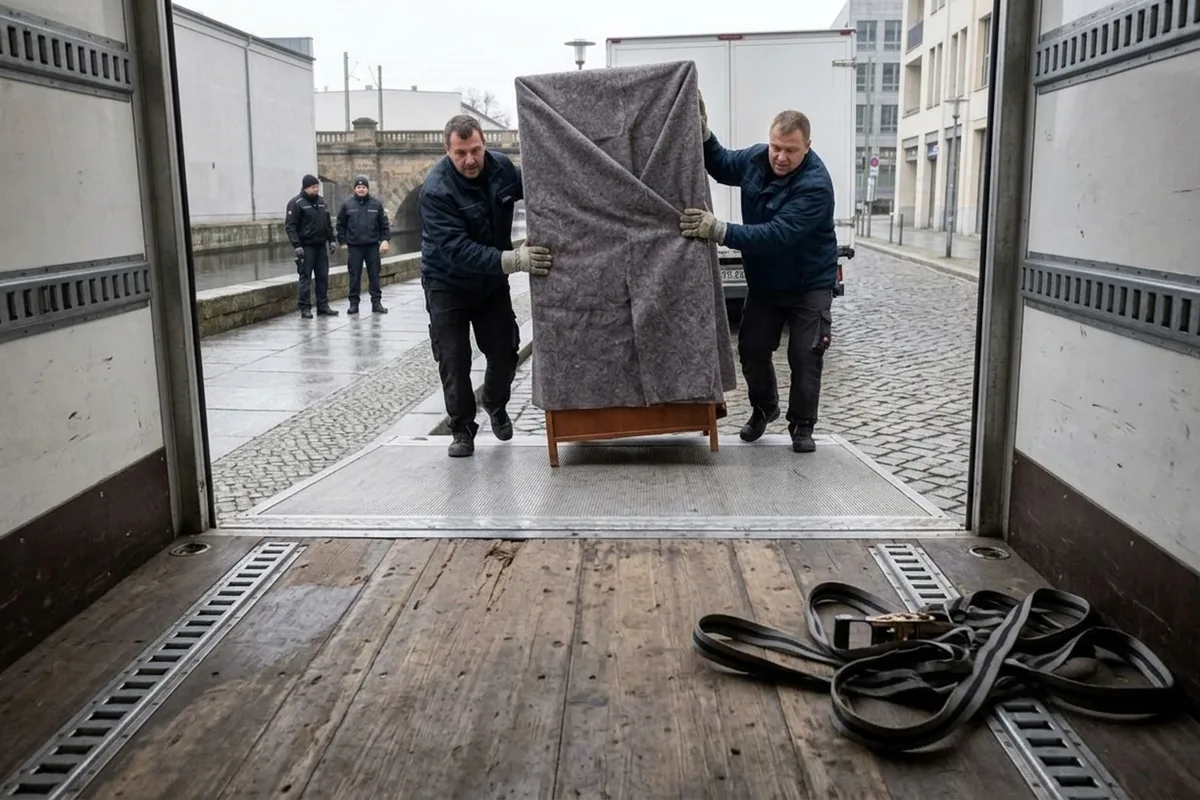 Blick aus dem Laderaum heraus: zwei Umzugshelfer schieben einen eingepackten Kleiderschrank über die Rampe herein