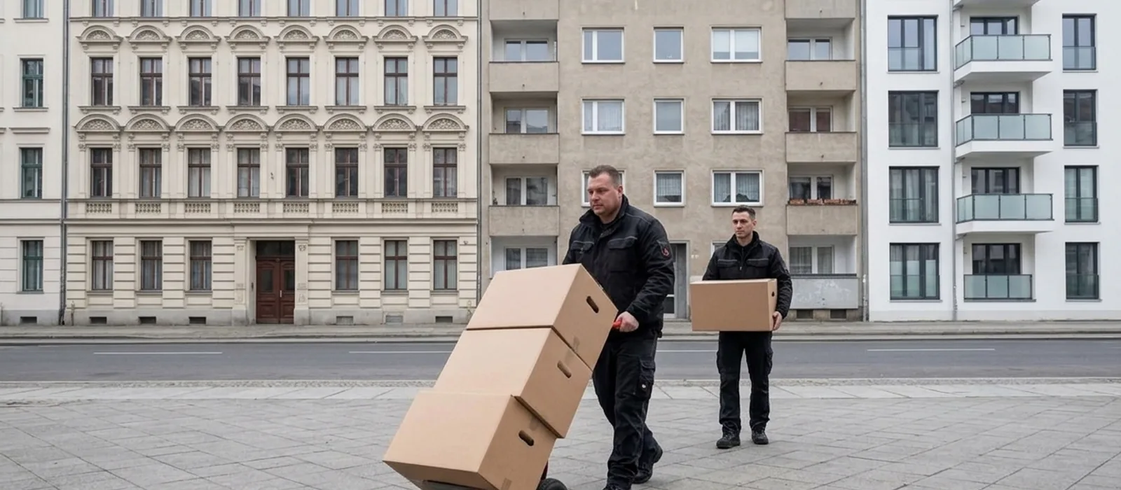Umzugshelfer zieht eine Sackkarre mit Kartons an drei nebeneinander stehenden Häusern vorbei: Stuckaltbau, schlichter Nachkriegsblock und weißer Neubau mit Balkonen