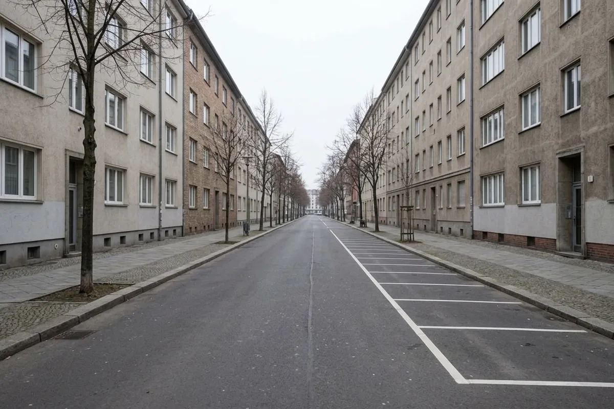 Leere Wohnstraße mit einer durchgehenden Reihe weiß markierter Stellplätze am Bordstein