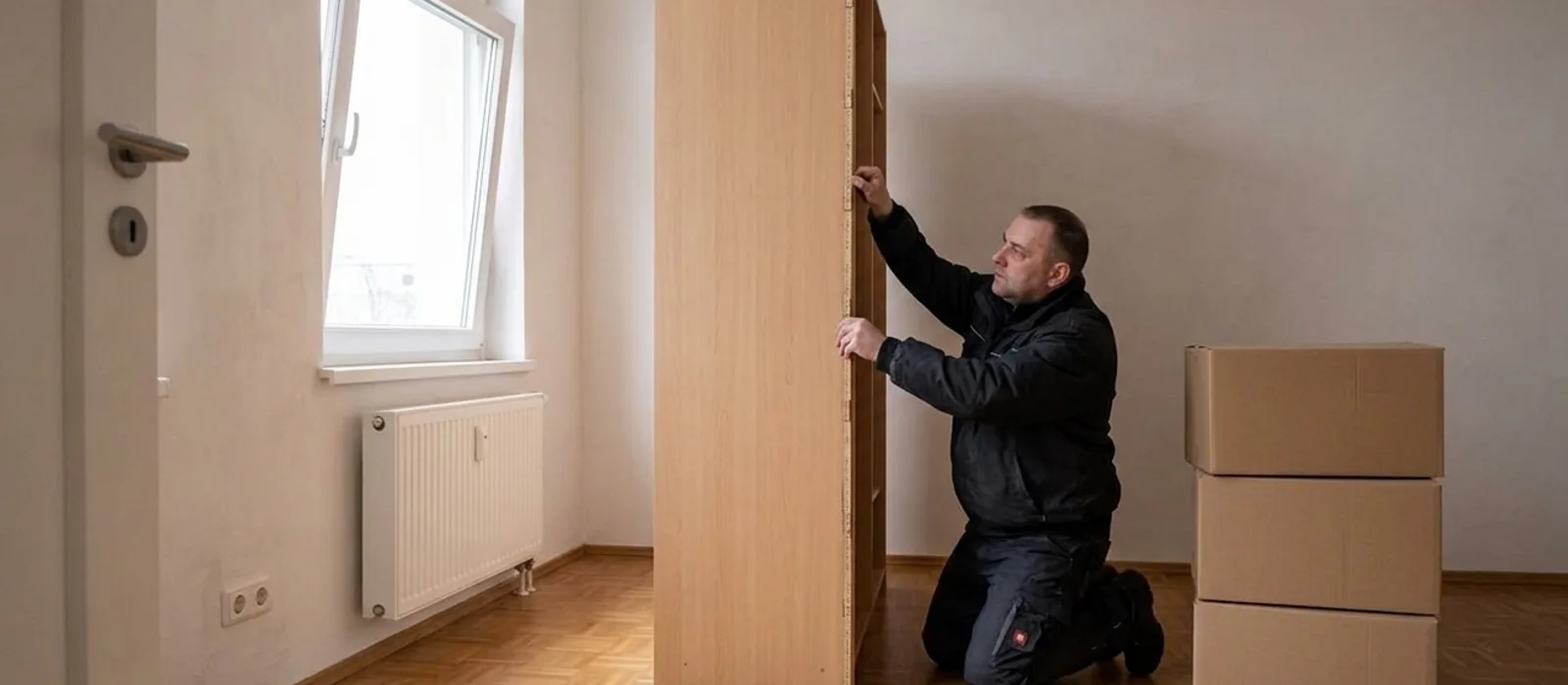 Umzugshelfer kniet vor einem Kleiderschrank in einem leeren Zimmer und fasst die Seitenwand an, daneben ein Stapel Umzugskartons