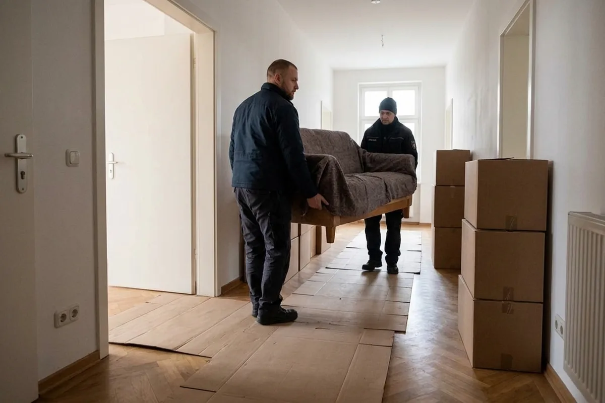 Zwei Umzugshelfer tragen ein in Decken gehülltes Sofa durch einen Wohnungsflur, auf dem Parkett liegen Kartonbahnen als Schutz