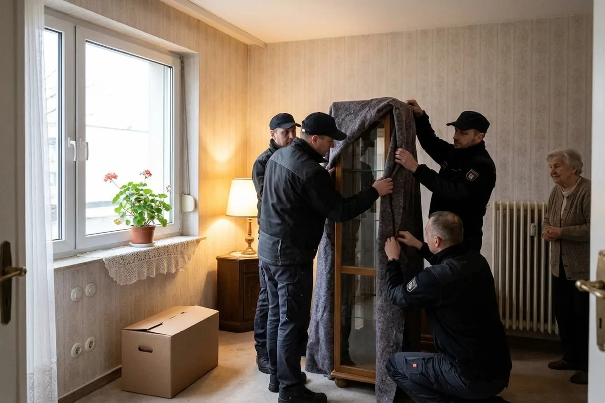 Vier Umzugshelfer schlagen eine Vitrine in eine Decke ein, eine ältere Frau sieht vom Türrahmen aus zu