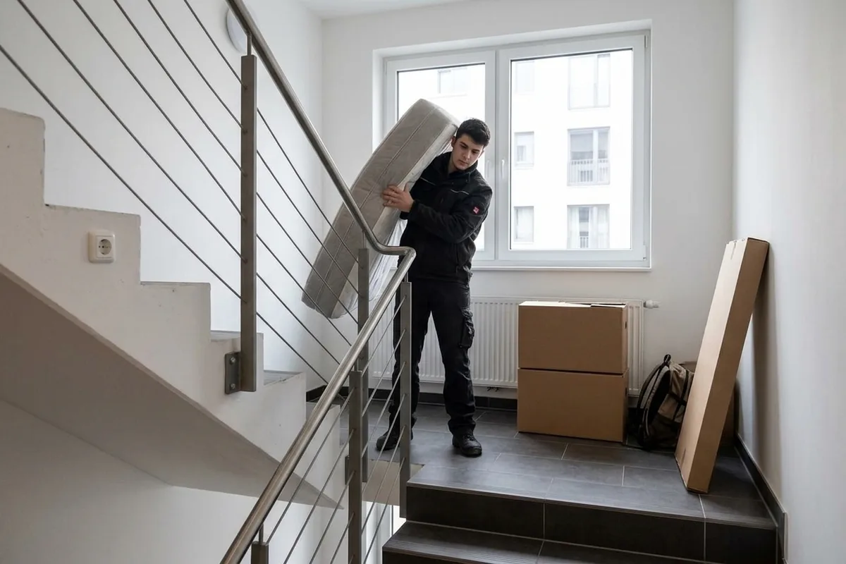 Junger Mann trägt eine gerollte Matratze über den Treppenabsatz eines modernen Wohnheims, daneben Kartons, Rucksack und ein Regalbrett