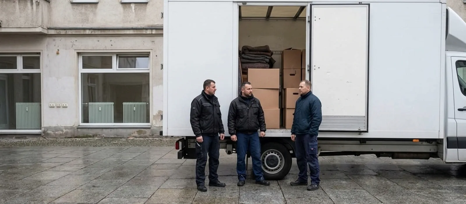 Drei Umzugshelfer stehen vor der offenen Seitentür ihres beladenen Umzugswagens auf einem gepflasterten Hof