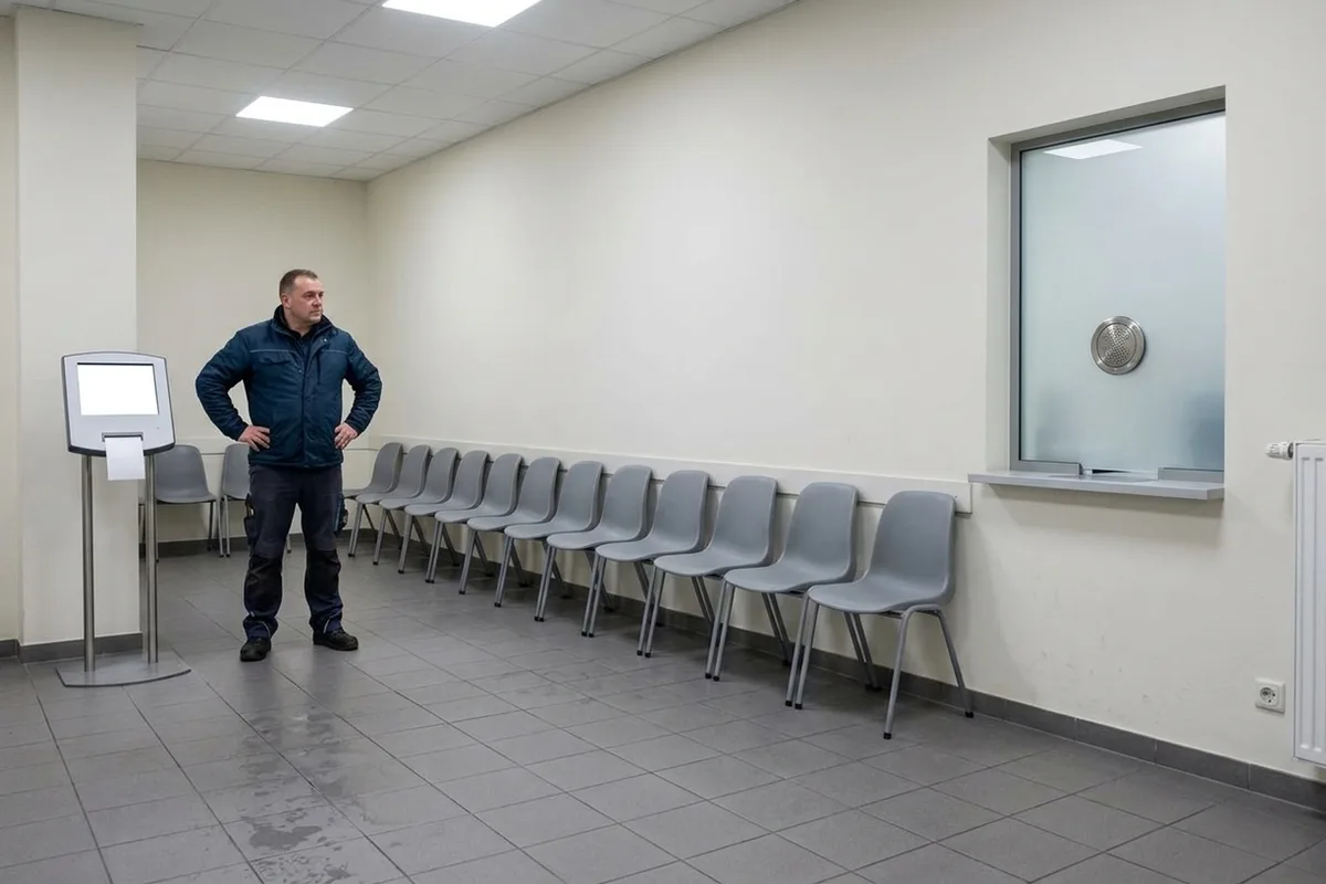 Wartebereich einer Behörde mit leerer Stuhlreihe an der Wand, einer Ziehsäule und einem geschlossenen Schalterfenster