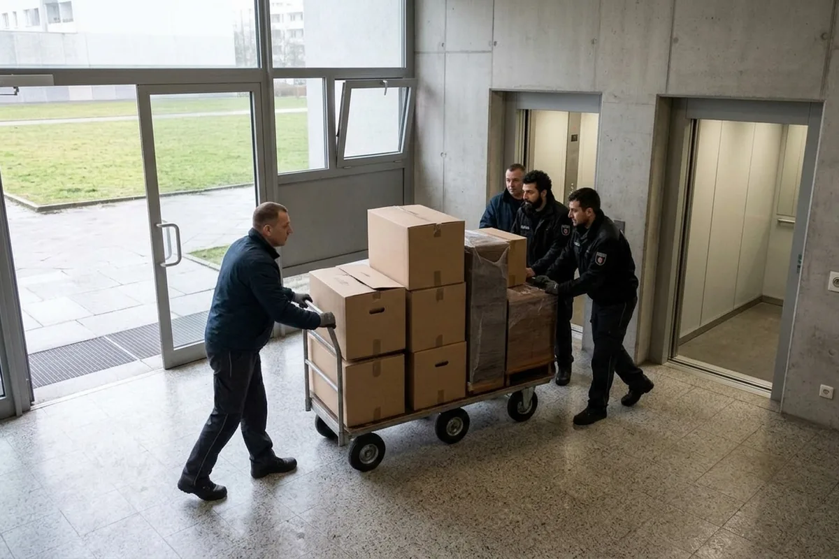 Zwei Umzugshelfer schieben einen beladenen Plattenwagen in eine Eingangshalle, dahinter steht die Aufzugstür offen