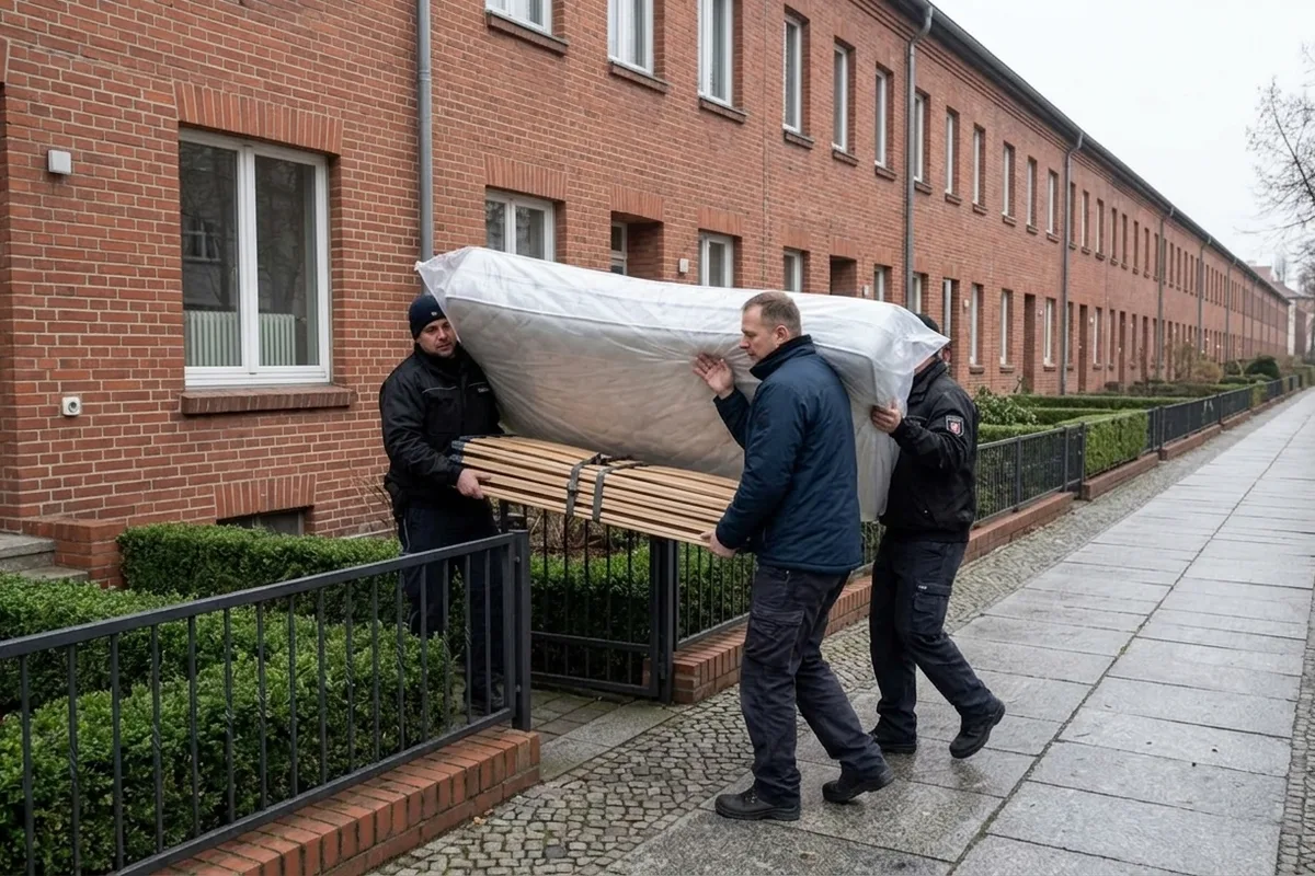 Zwei Umzugshelfer tragen eine eingepackte Matratze und ein Bündel Lattenrost aus einem Haus in einer langen Reihenhauszeile aus Backstein