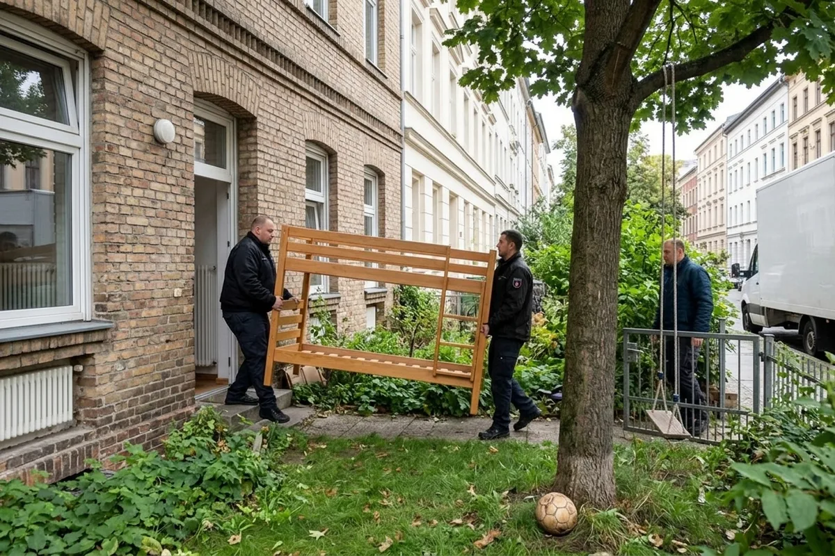 Zwei Umzugshelfer tragen ein Hochbettgestell aus einem Backsteinhaus in einen Vorgarten mit Schaukel und Fußball