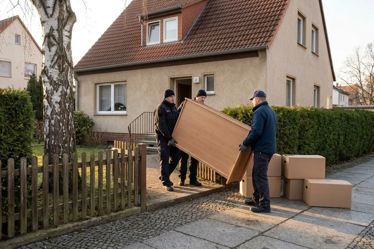 Drei Umzugshelfer tragen eine Schrankwange aus einem freistehenden Einfamilienhaus, auf dem Gartenweg stehen Kartons