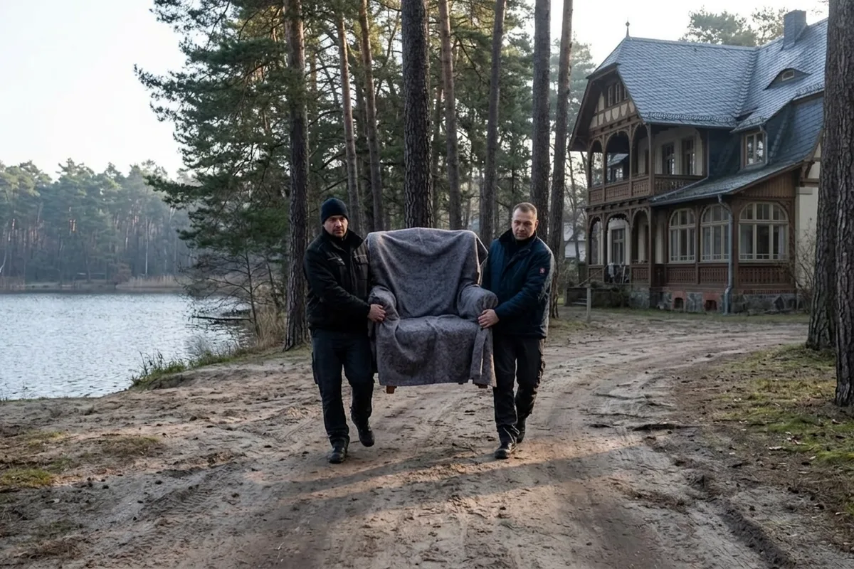 Zwei Umzugshelfer tragen einen in Decken gehüllten Sessel über einen Sandweg am Wasser, rechts eine Villa mit Holzveranda