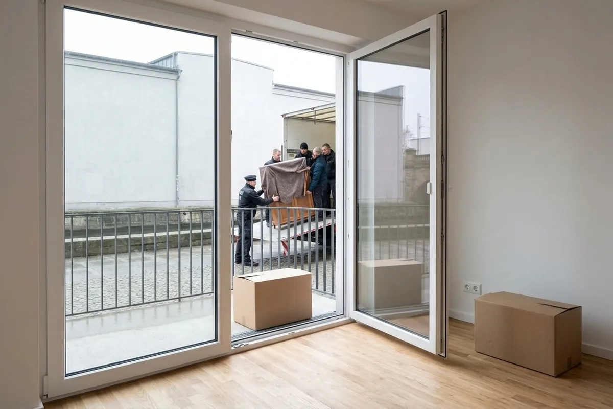 Leere Neubauwohnung mit hellem Eichenparkett und offener Balkontür, daneben zwei frisch abgestellte Kartons
