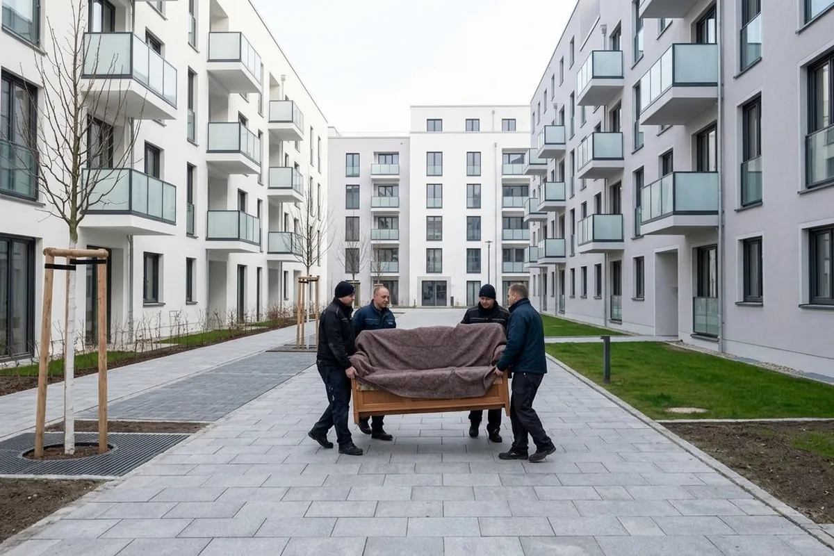 Vier Umzugshelfer tragen ein eingepacktes Sofa über frisches Pflaster zwischen sechsgeschossigen Neubauten mit Balkonen