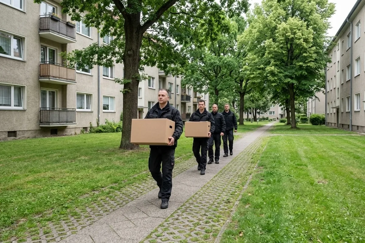 Umzugshelfer tragen Kartons über einen Weg zwischen viergeschossigen Wohnzeilen mit alten Laubbaeumen