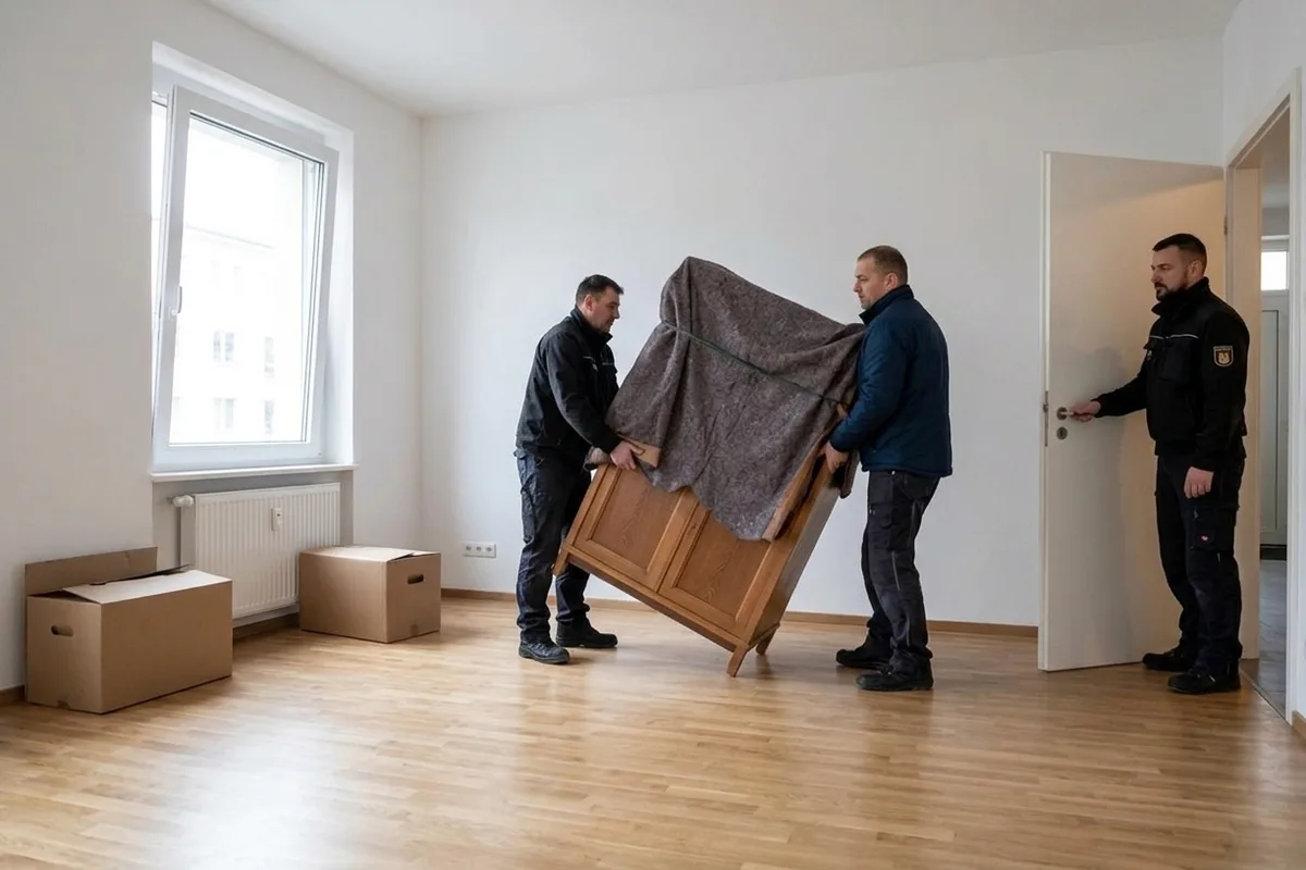 Vier Umzugshelfer bewegen gemeinsam einen eingepackten Schrank durch eine leere Wohnung, einer hält die Tür auf