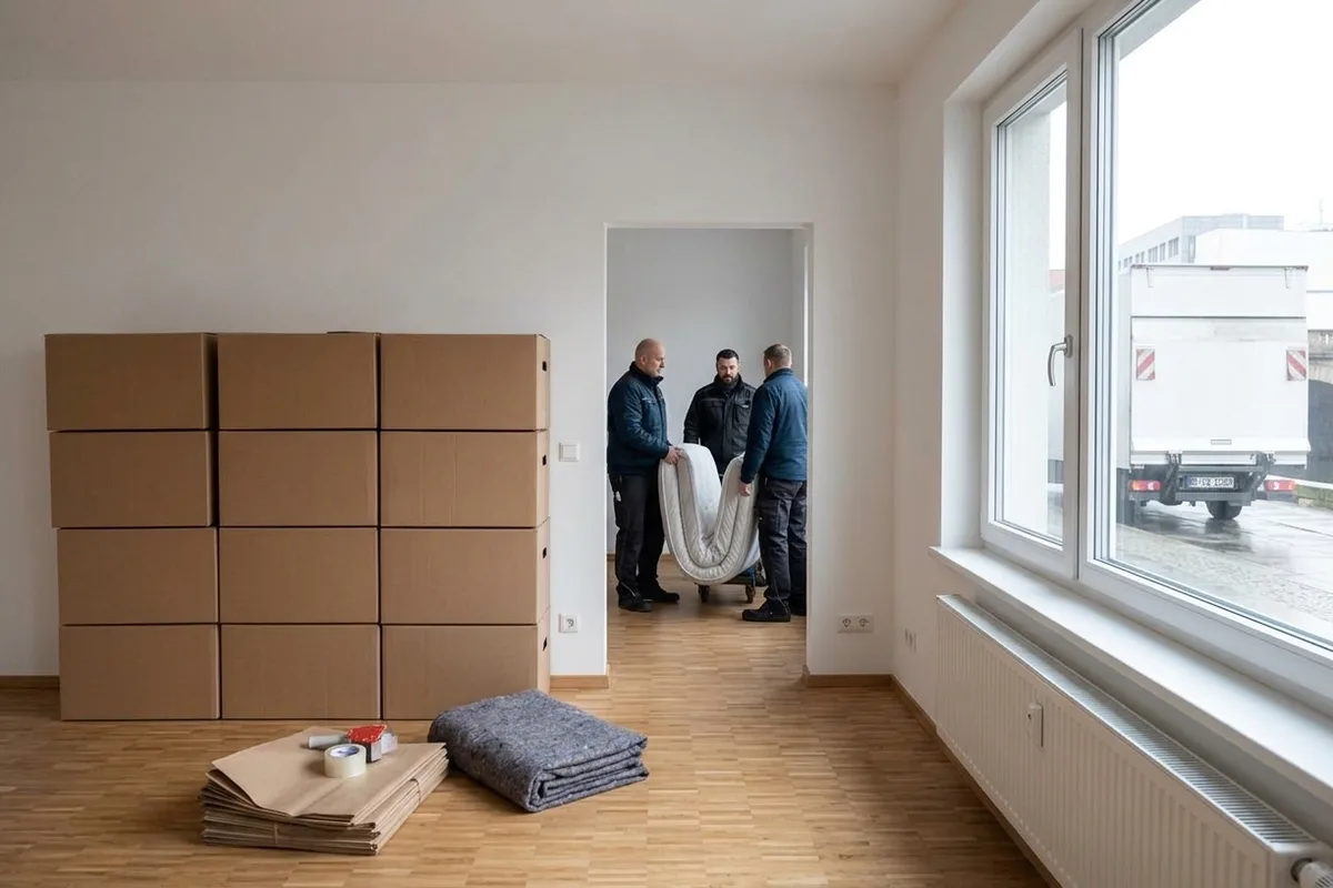 Wand aus unbedruckten Umzugskartons in einem leeren Zimmer, davor Klebeband, flach gelegte Kartons und eine gefaltete Decke
