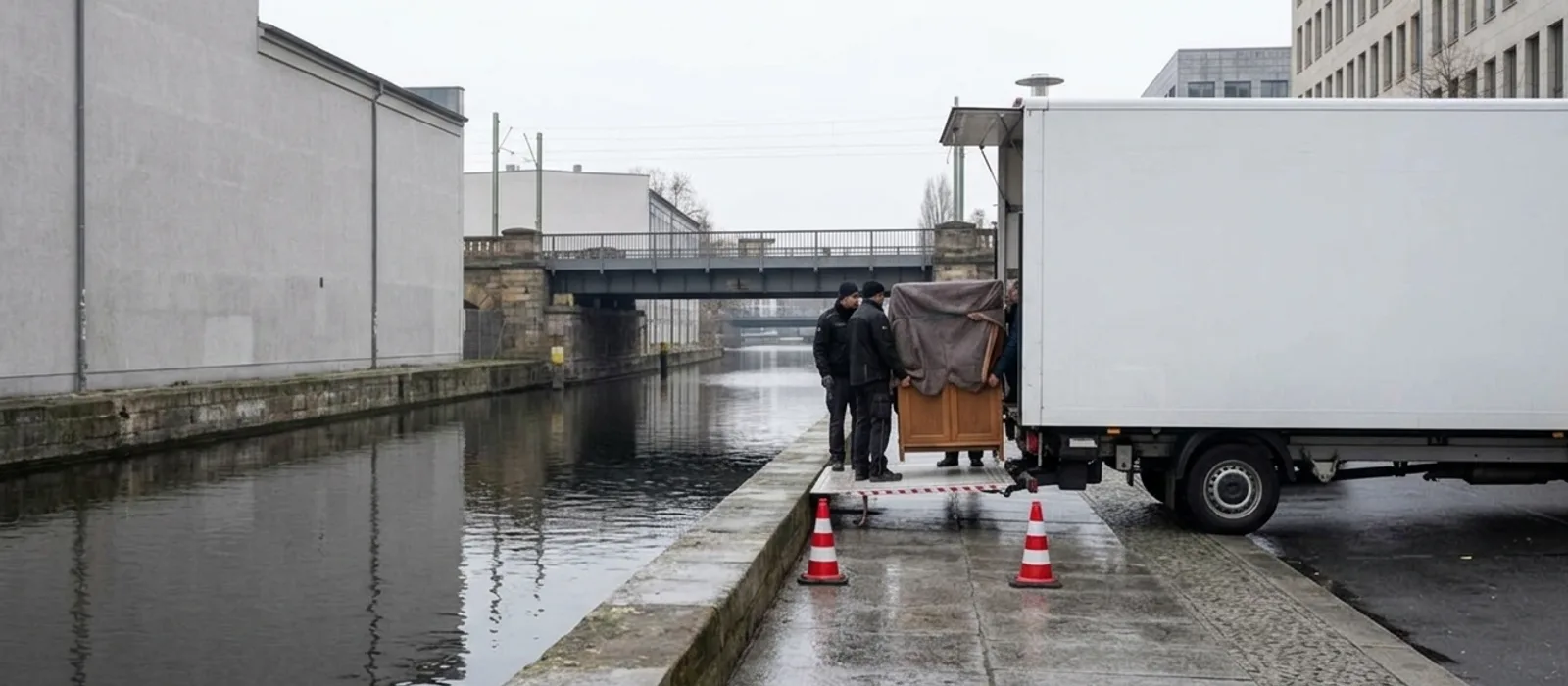 Umzugswagen längs am Ufer eines Kanals, zwei Pylonen vor der Ladekante, im Hintergrund eine Brücke über das Wasser